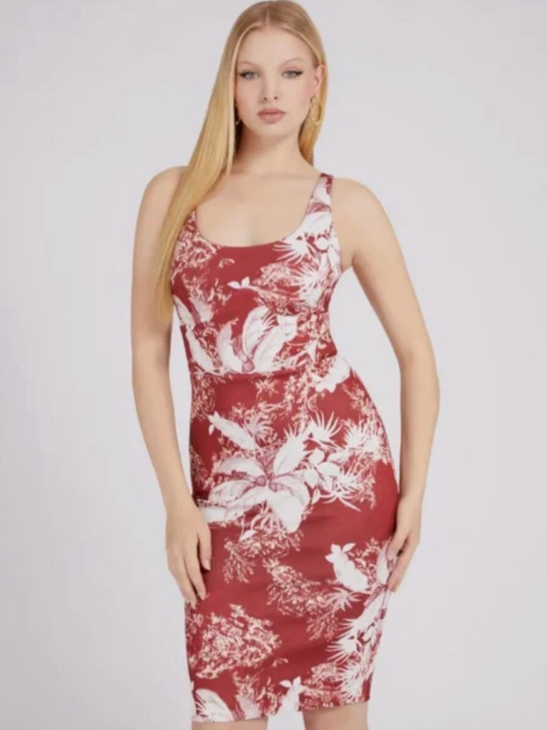 Guess Red Floral Midi Dress Satin Corset Style Toile Bodycon